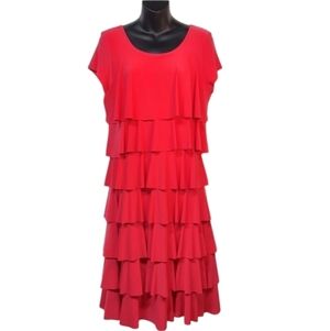Libra Red Women's Ruffled Shortsleeve Crewneck Stretch Soft Dress Size Medium